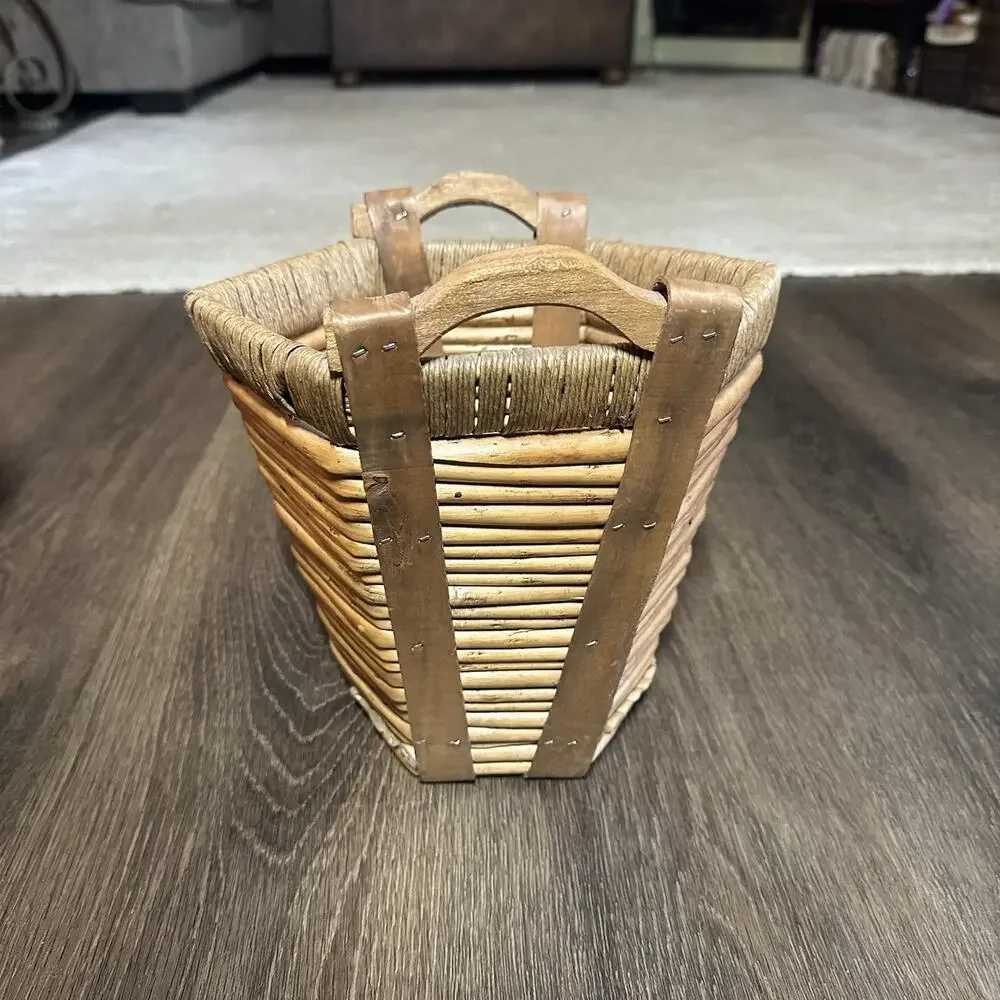 Vtg Bamboo and Jute Folk Art Log Gathering Basket Planters Wood Handles Set 2